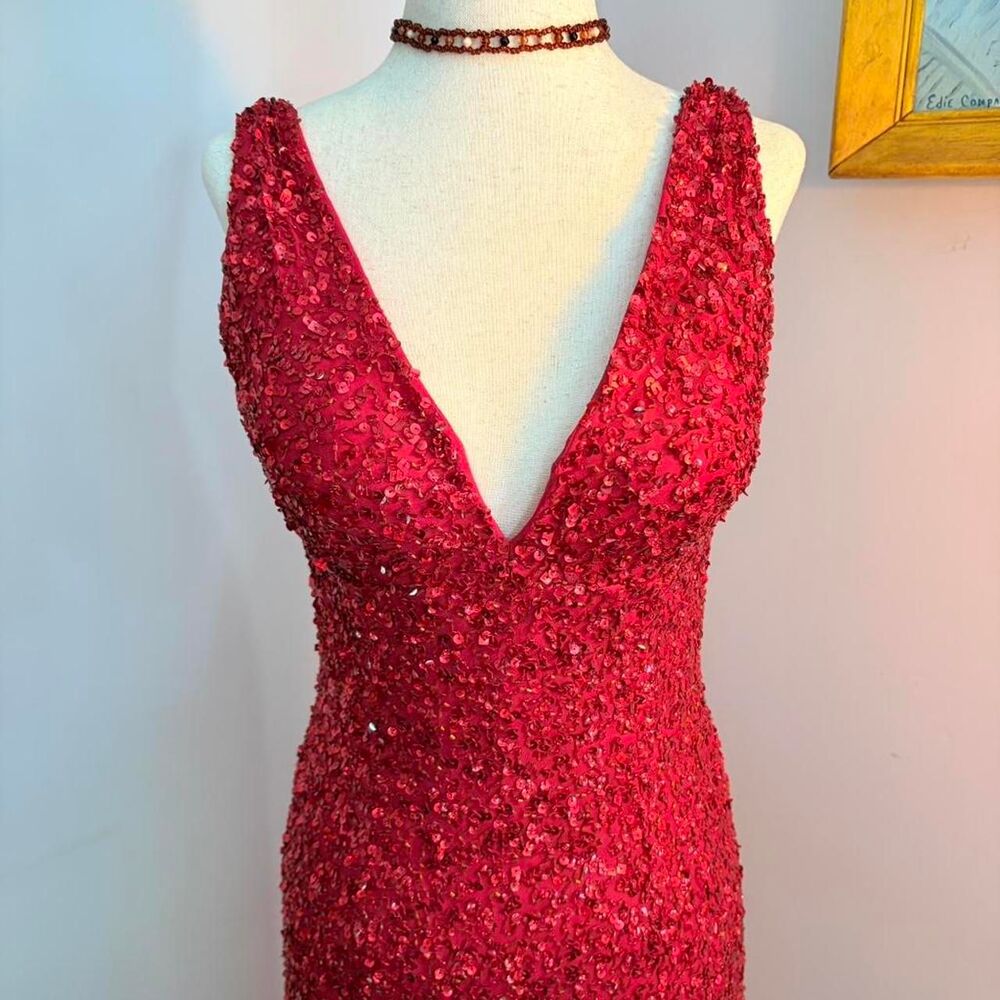 Scala Women's Red Silk Fully Sequined Deep V-Neck Bodycon Dress Size 2